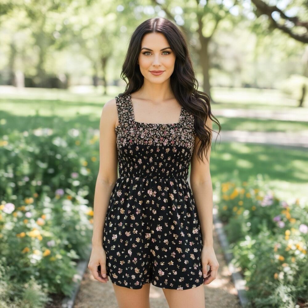 American Eagle Lightweight 100% Viscose Black Floral Smocked Romper Womens XS